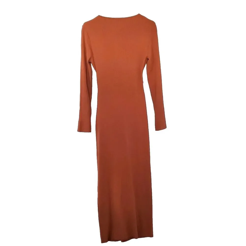 A.L.C. Women's Midi Dress XL Orange Ribbed Knit V-Neck Long Sleeve ALC NEW - Picture 4 of 7